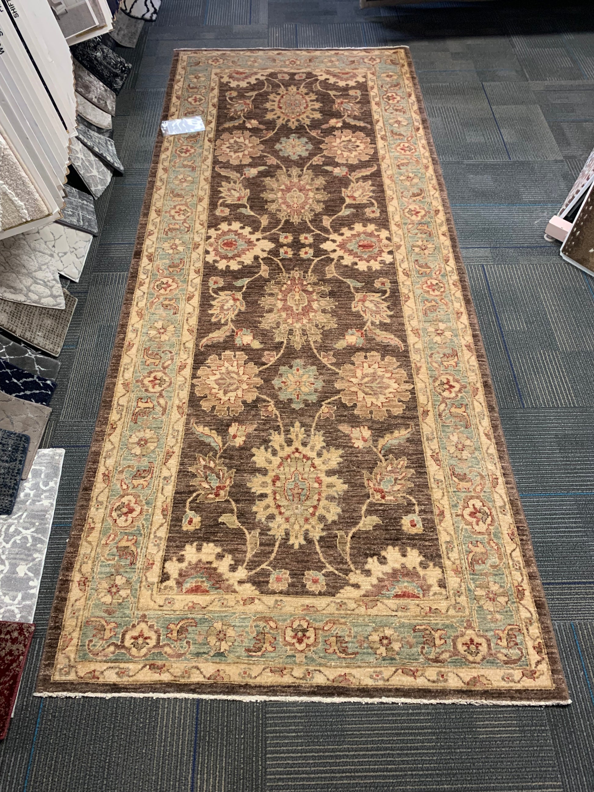 Hand-Knotted Wool Oushak Brown/Celadon Green Runner (3'10x9'7')