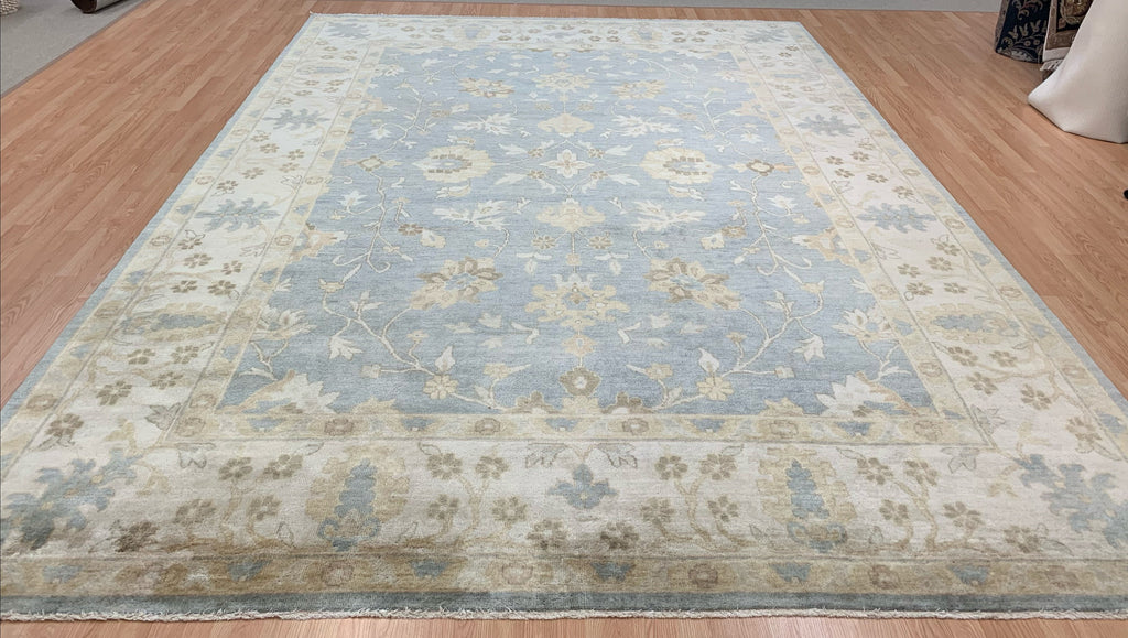 Hand-Knotted Wool Spa Blue Oushak Rug (10'2"x14)