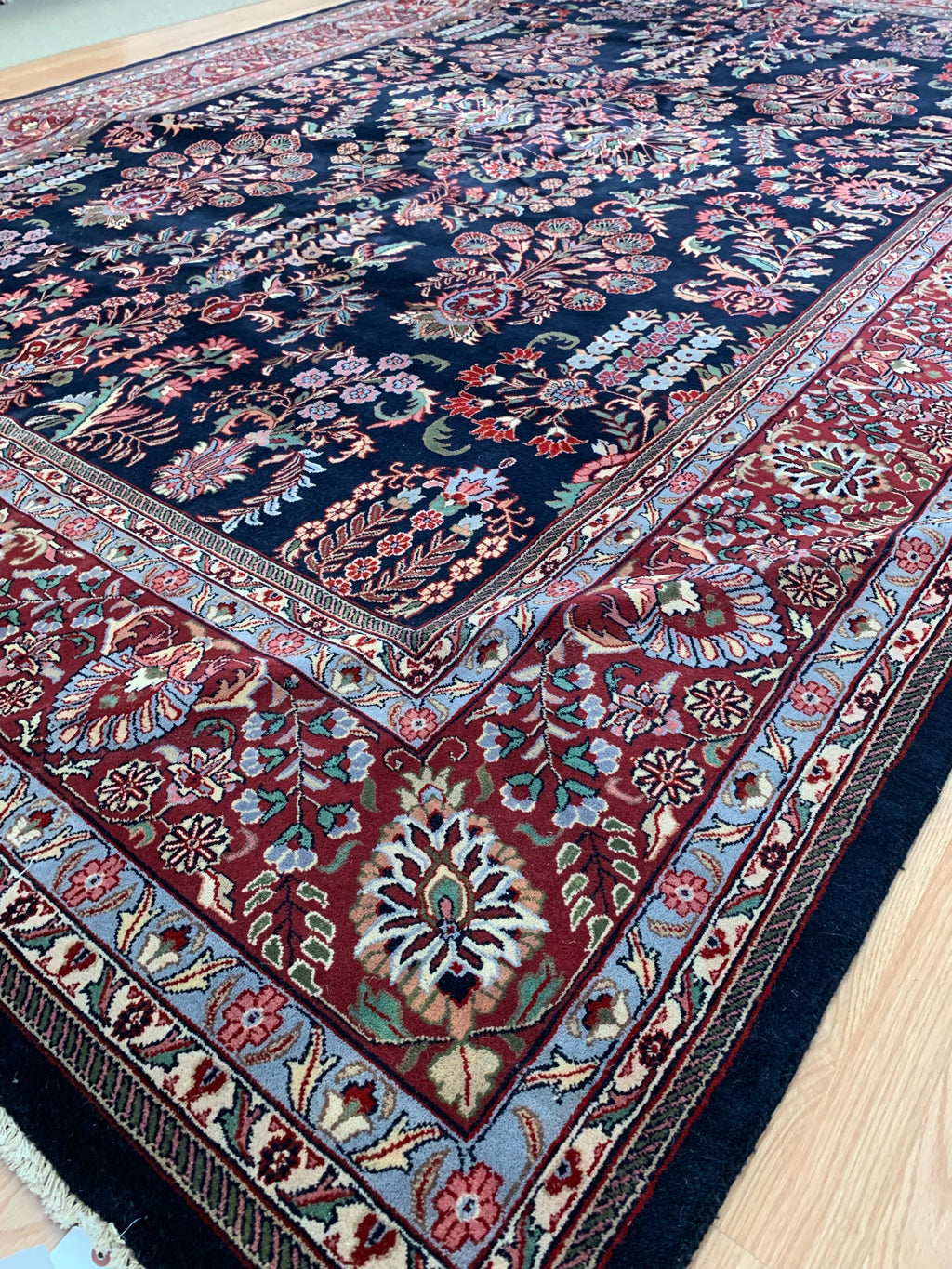 Hand-Knotted Vintage Sarouk Navy/Red Rug (9'10" x14'1")