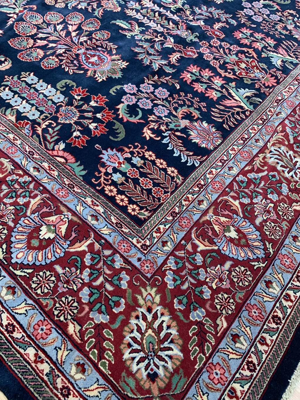 Hand-Knotted Vintage Sarouk Navy/Red Rug (9'10" x14'1")