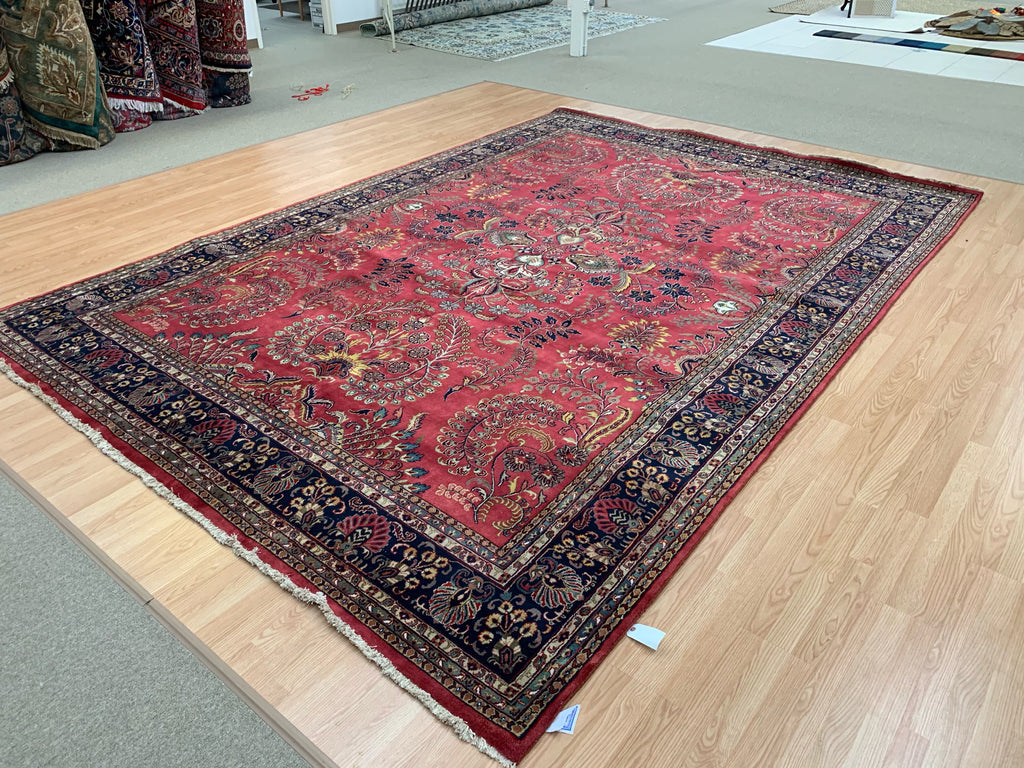 Hand-Knotted Vintage Sarouk Rose/Navy Rug (9'9" x 13'10")
