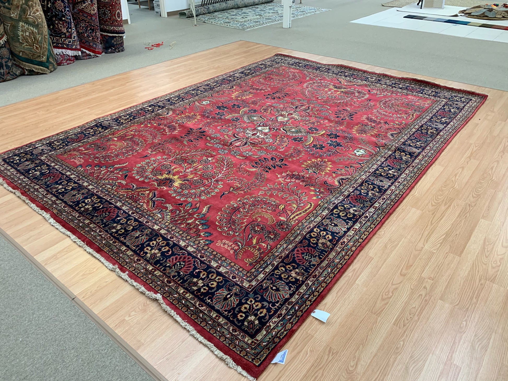 Hand-Knotted Vintage Sarouk Rose/Navy Rug (9'9" x 13'10")