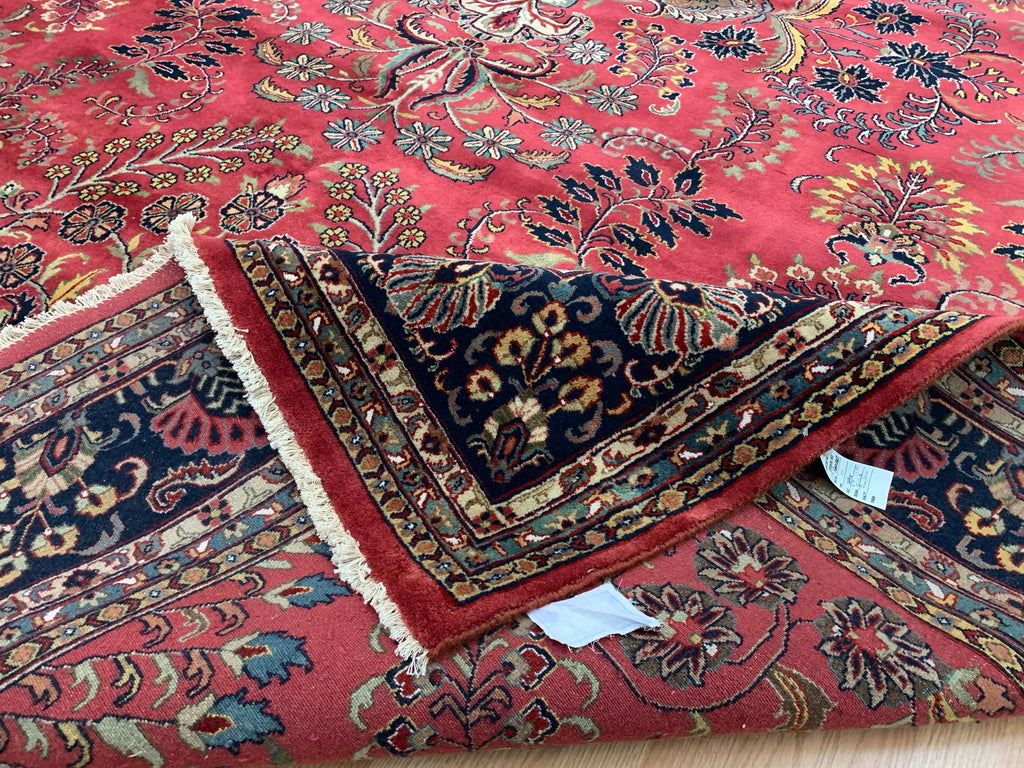 Hand-Knotted Vintage Sarouk Rose/Navy Rug (9'9" x 13'10")