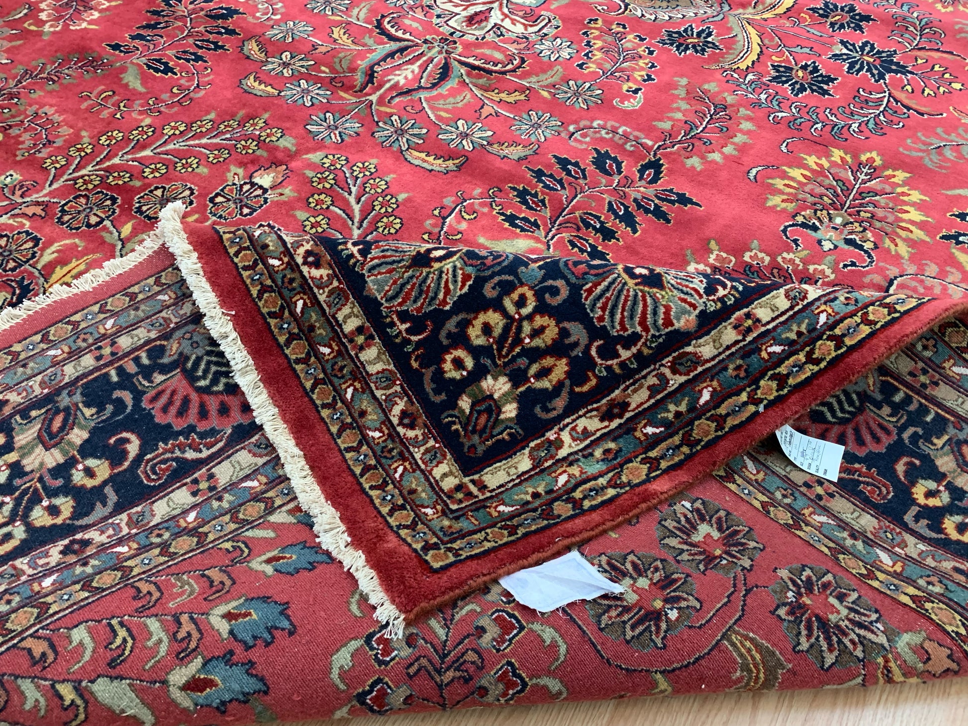 Hand-Knotted Vintage Sarouk Rose/Navy Rug (9'9" x 13'10")