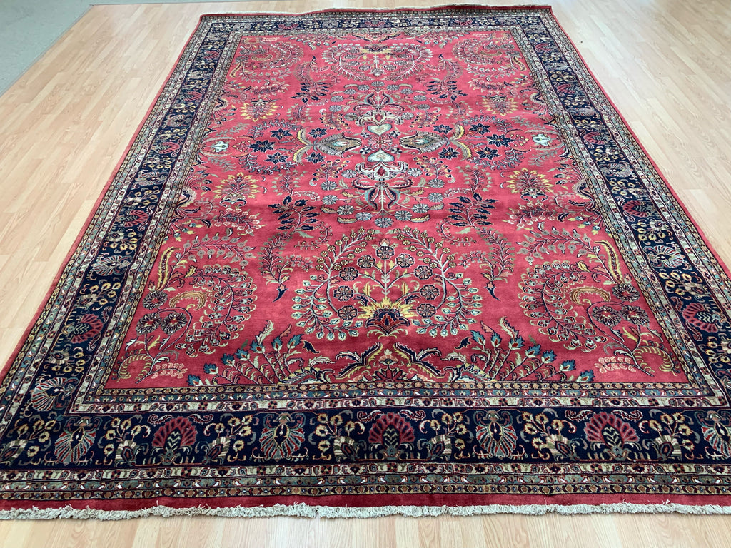 Hand-Knotted Vintage Sarouk Rose/Navy Rug (9'9" x 13'10")
