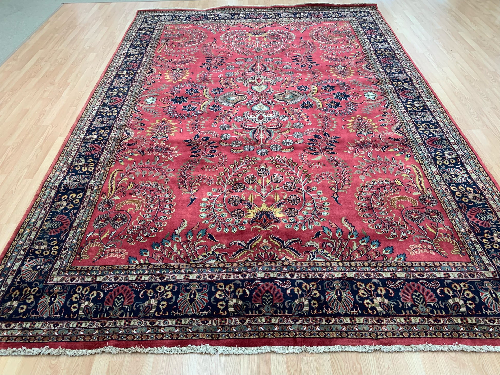 Hand-Knotted Vintage Sarouk Rose/Navy Rug (9'9" x 13'10")