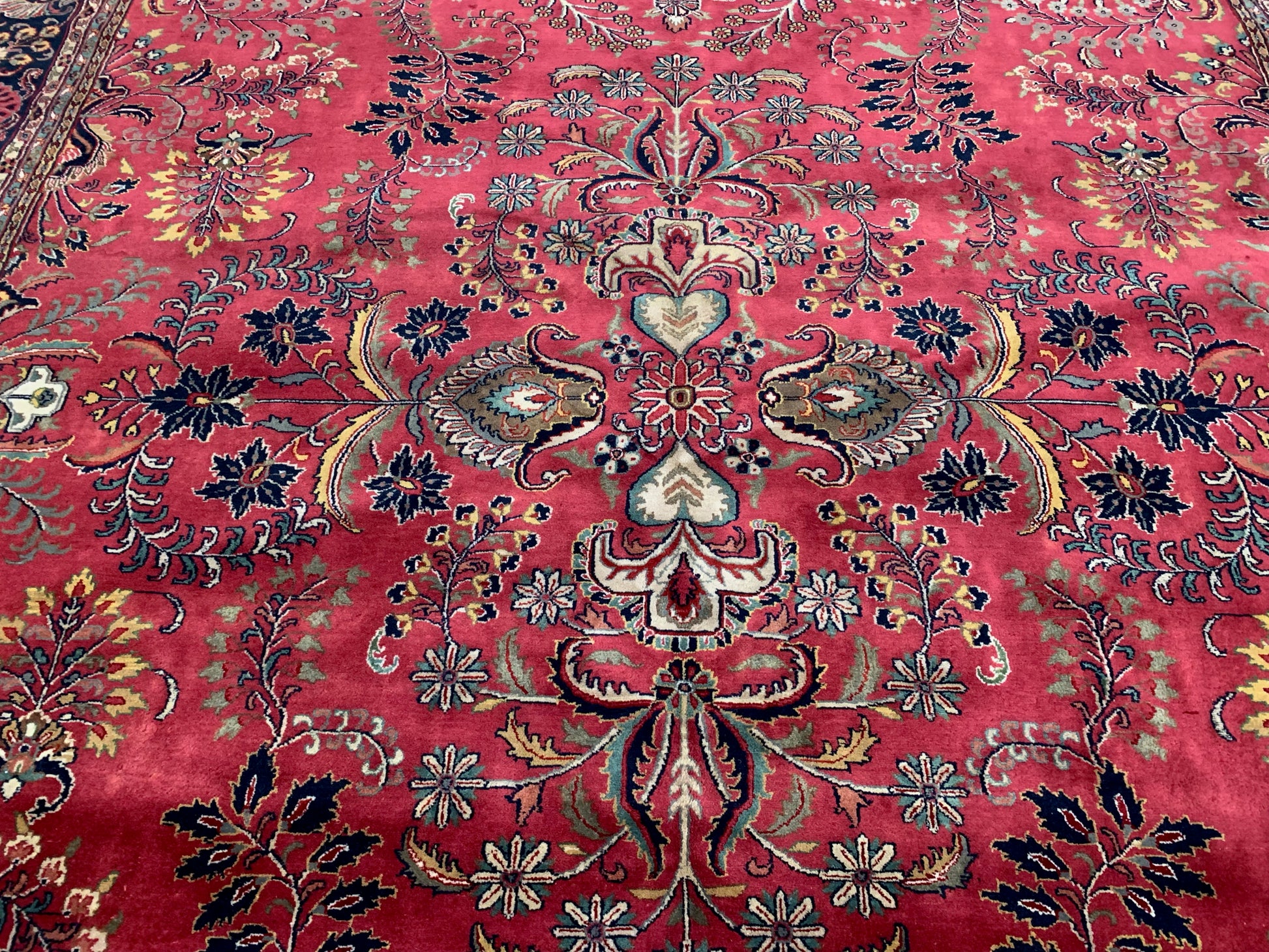 Hand-Knotted Vintage Sarouk Rose/Navy Rug (9'9" x 13'10")