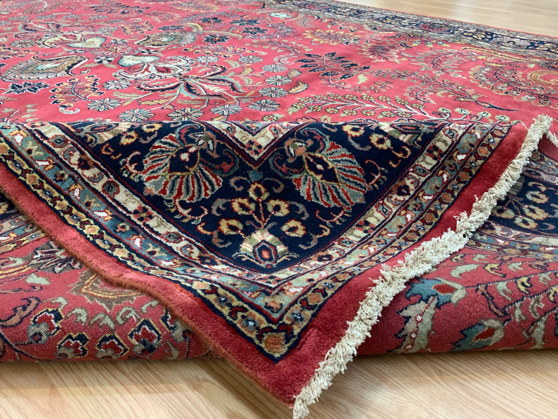 Hand-Knotted Vintage Sarouk Rose/Navy Rug (9'9" x 13'10")