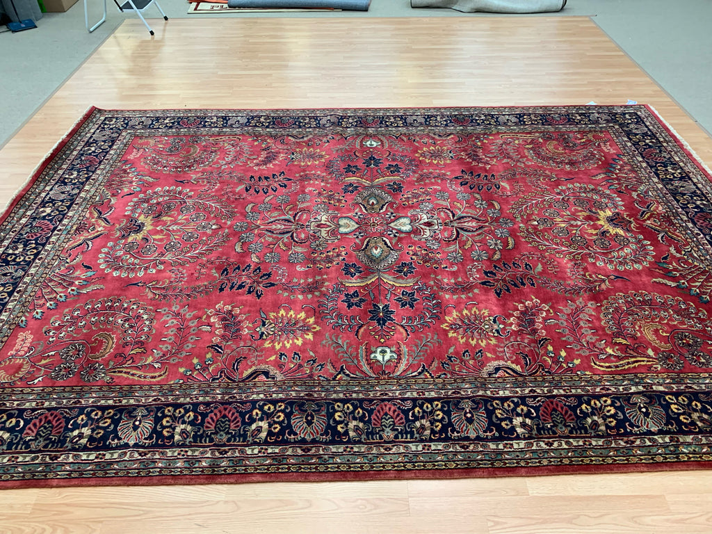 Hand-Knotted Vintage Sarouk Rose/Navy Rug (9'9" x 13'10")