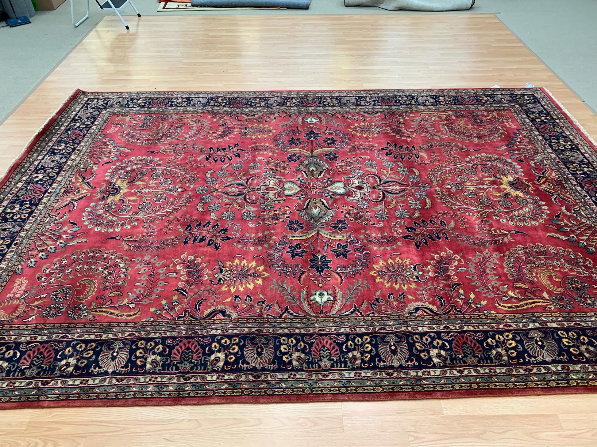 Hand-Knotted Vintage Sarouk Rose/Navy Rug (9'9" x 13'10")