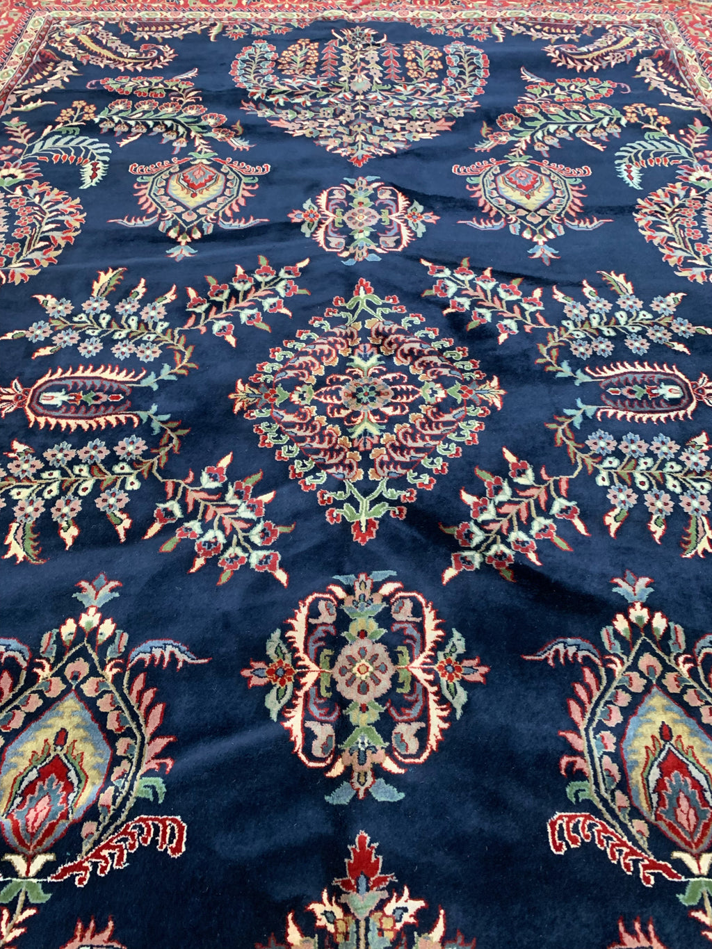 Hand-Knotted Vintage Sarouk Nawab Blue/Rust Rug(9'11" x 14'4")