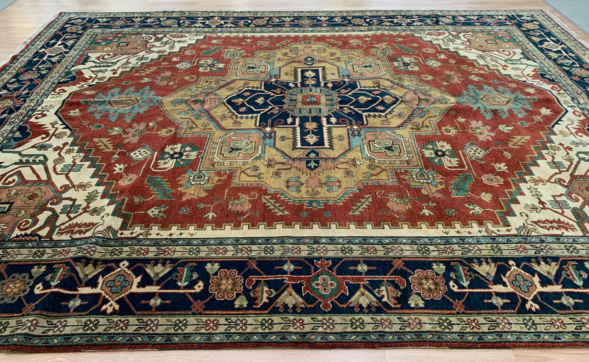 Hand-Knotted Wool Rust/Navy Heriz Rug (9'x12')