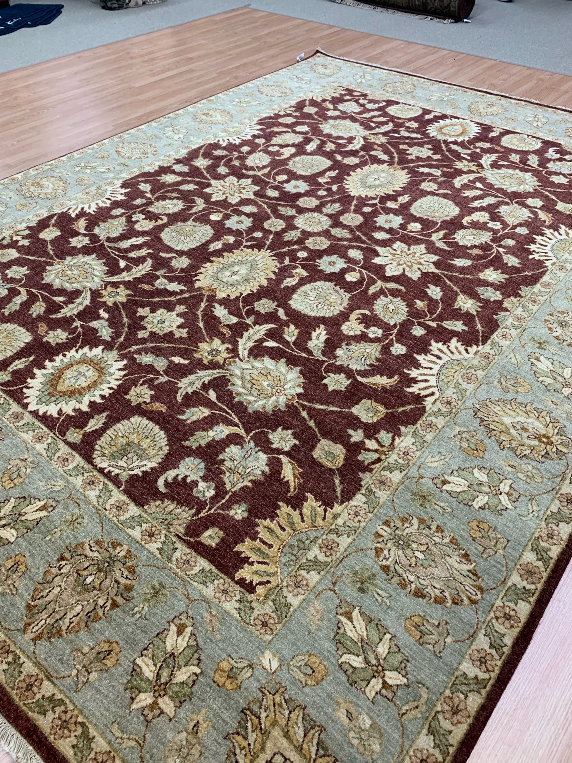 Hand-Knotted Wool Gazani Brick/Celadon Green Rug (9'x12'2")