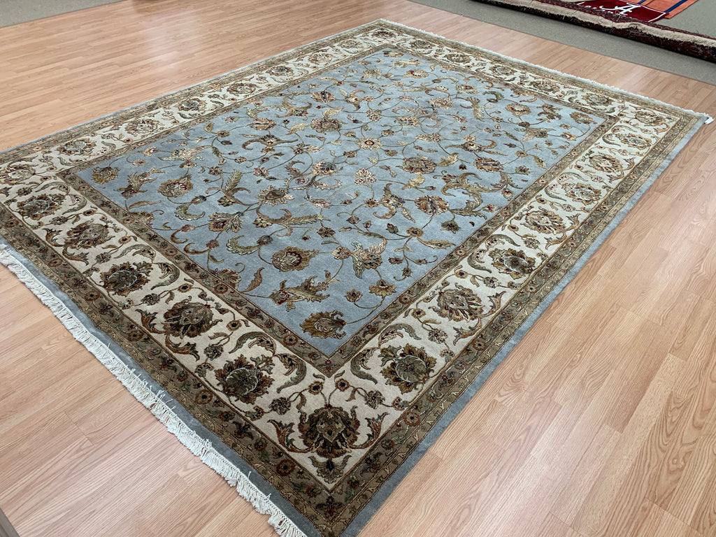 Hand-Knotted Silk and Wool Aqua/Beige Rug (9'1"x11'11")