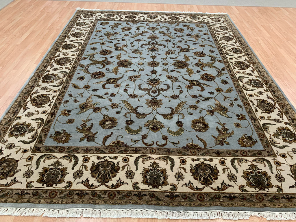 Hand-Knotted Silk and Wool Aqua/Beige Rug (9'1"x11'11")