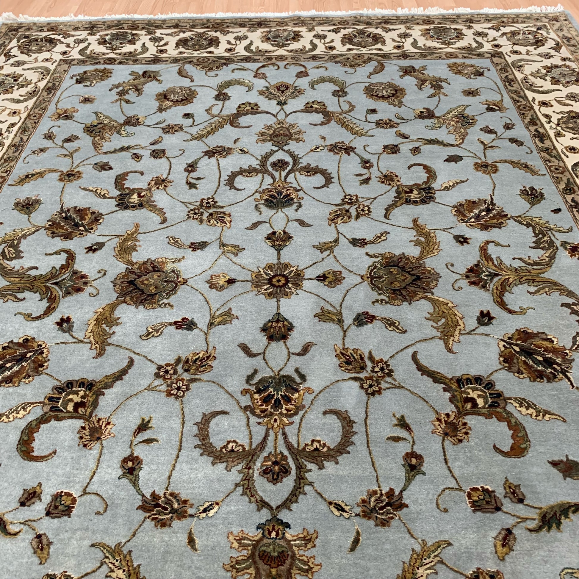 Hand-Knotted Silk and Wool Aqua/Beige Rug (9'1"x11'11")