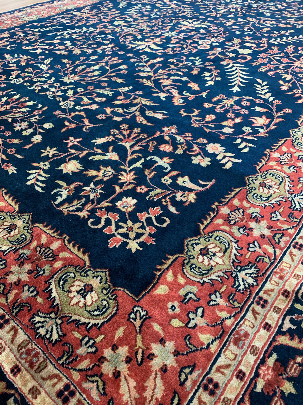 Hand-Knotted Wool lillihan Sarouk Blue/Rust Rug (9'x12')