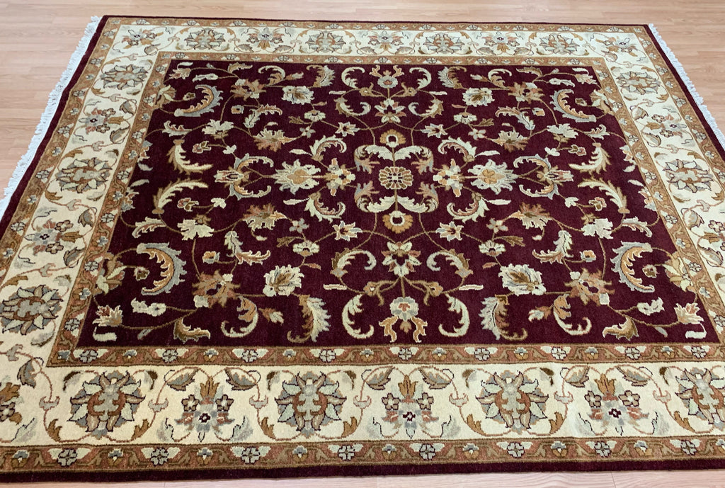 Hand-Knotted Wool Burgundy/Ivory Kashan Rug (7'9"x9'10")