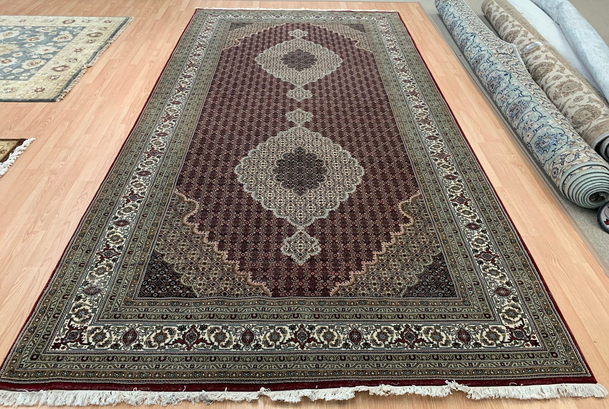 Hand-Knotted Silk and Wool Red Indo Tabriz Rug (7'1"x13'11")