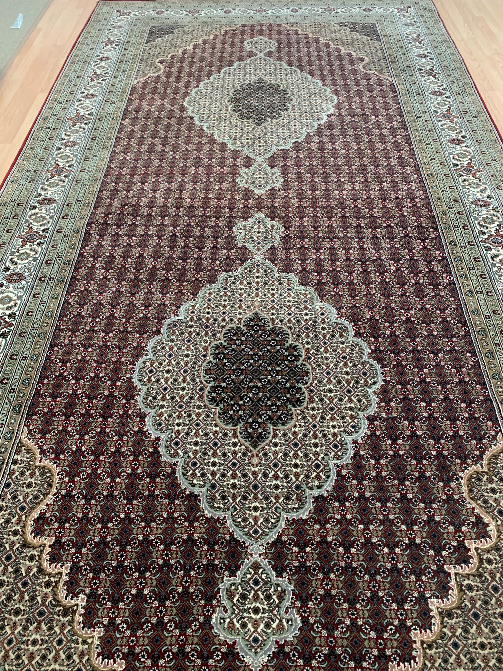 Hand-Knotted Silk and Wool Red Indo Tabriz Rug (7'1"x13'11")