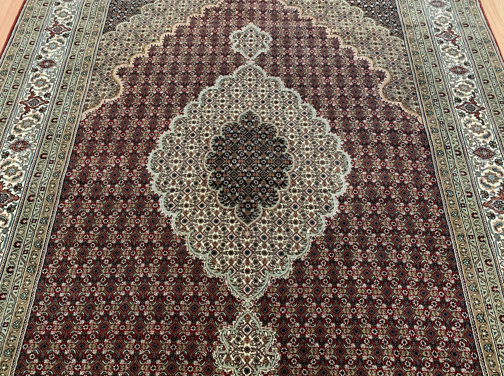 Hand-Knotted Silk and Wool Red Indo Tabriz Rug (7'1"x13'11")