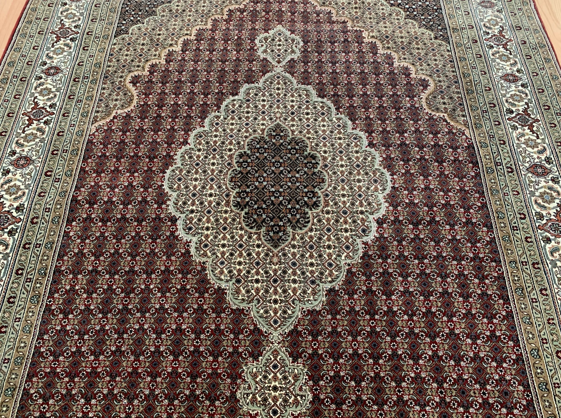 Hand-Knotted Silk and Wool Red Indo Tabriz Rug (7'1"x13'11")