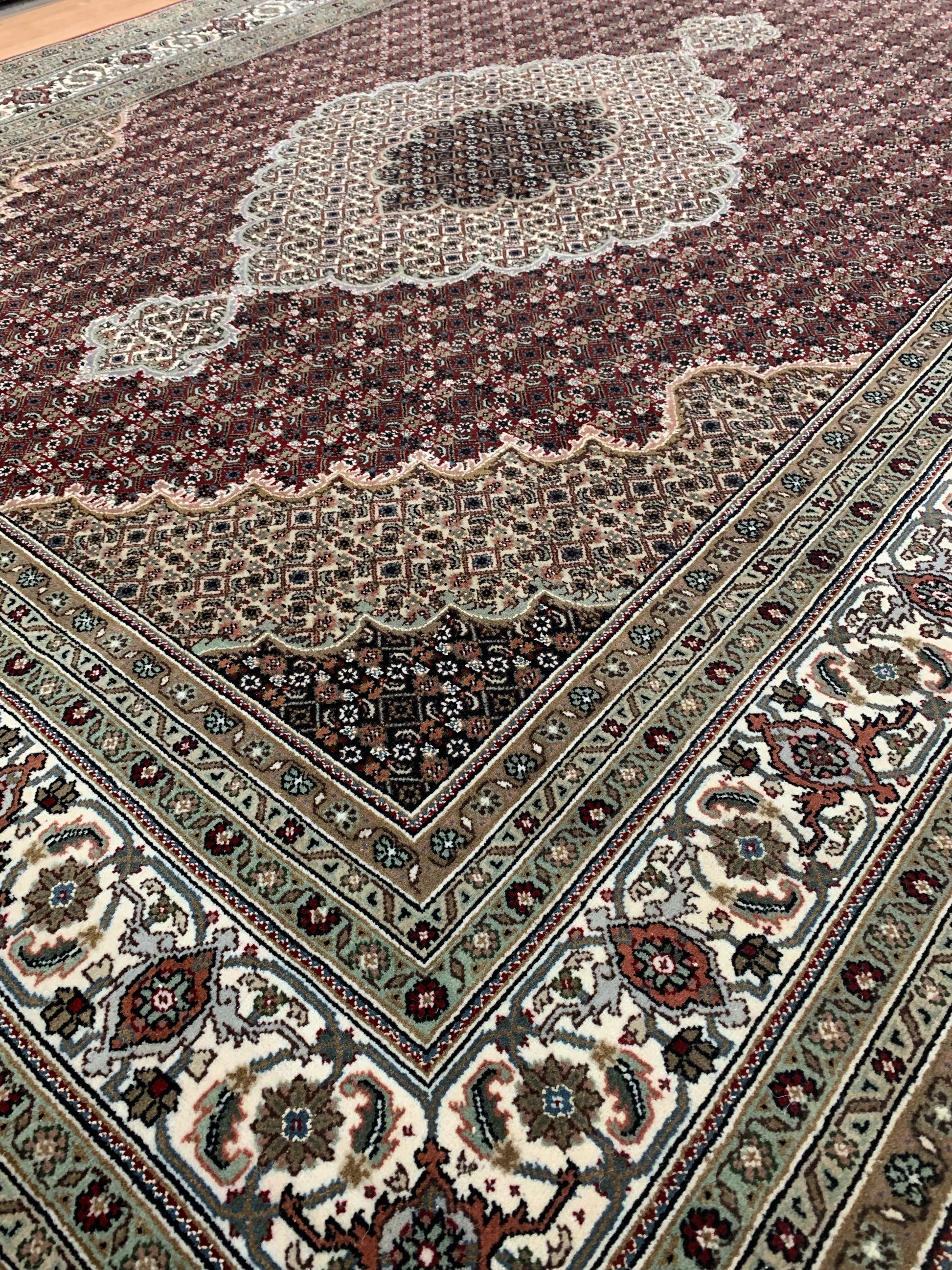 Hand-Knotted Silk and Wool Red Indo Tabriz Rug (7'1"x13'11")