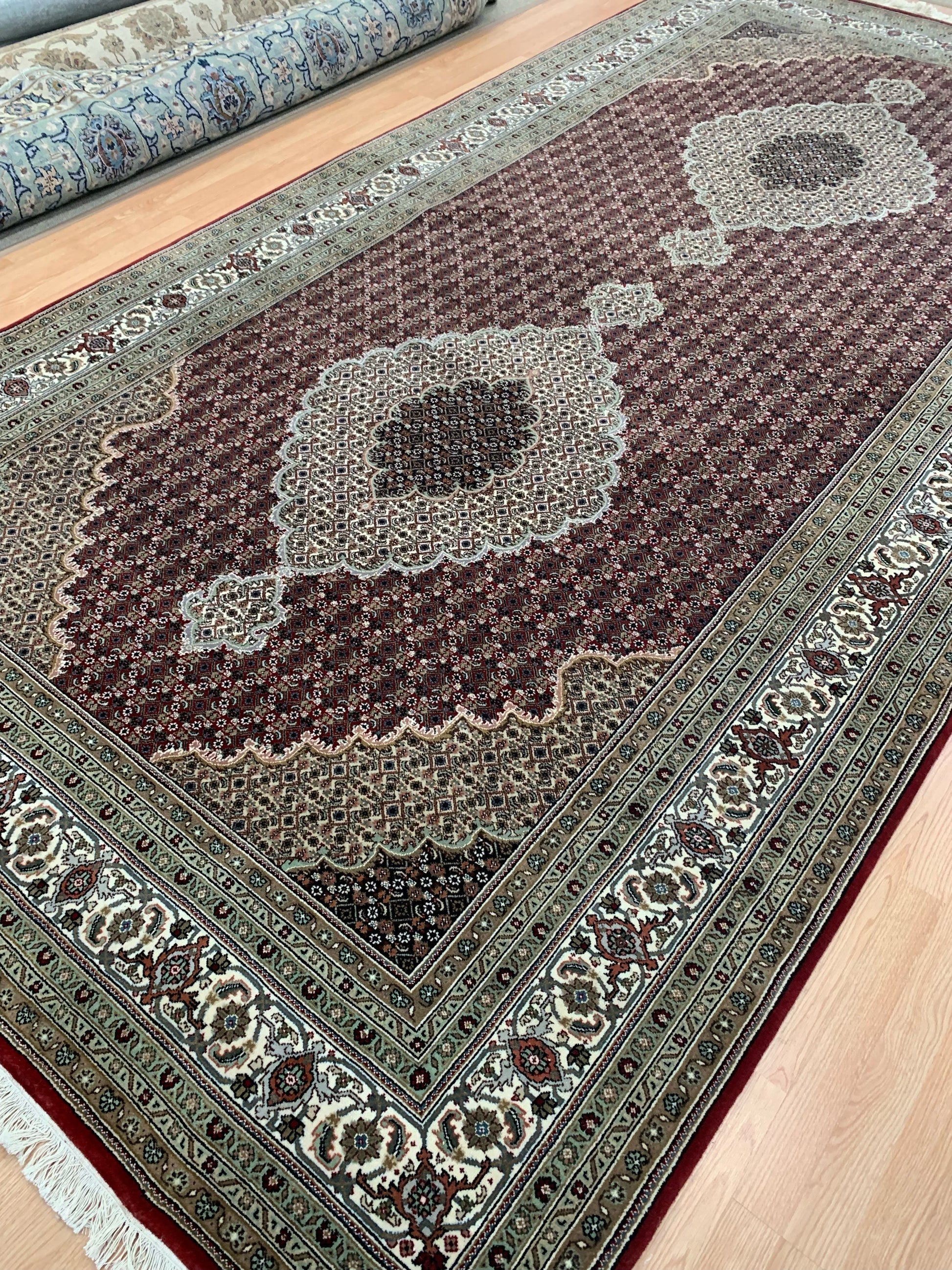 Hand-Knotted Silk and Wool Red Indo Tabriz Rug (7'1"x13'11")