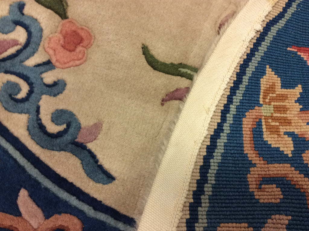 Hand-Knotted Wool Peking Ivory/Blue Chinese Carved Round Rug (5'Rd)