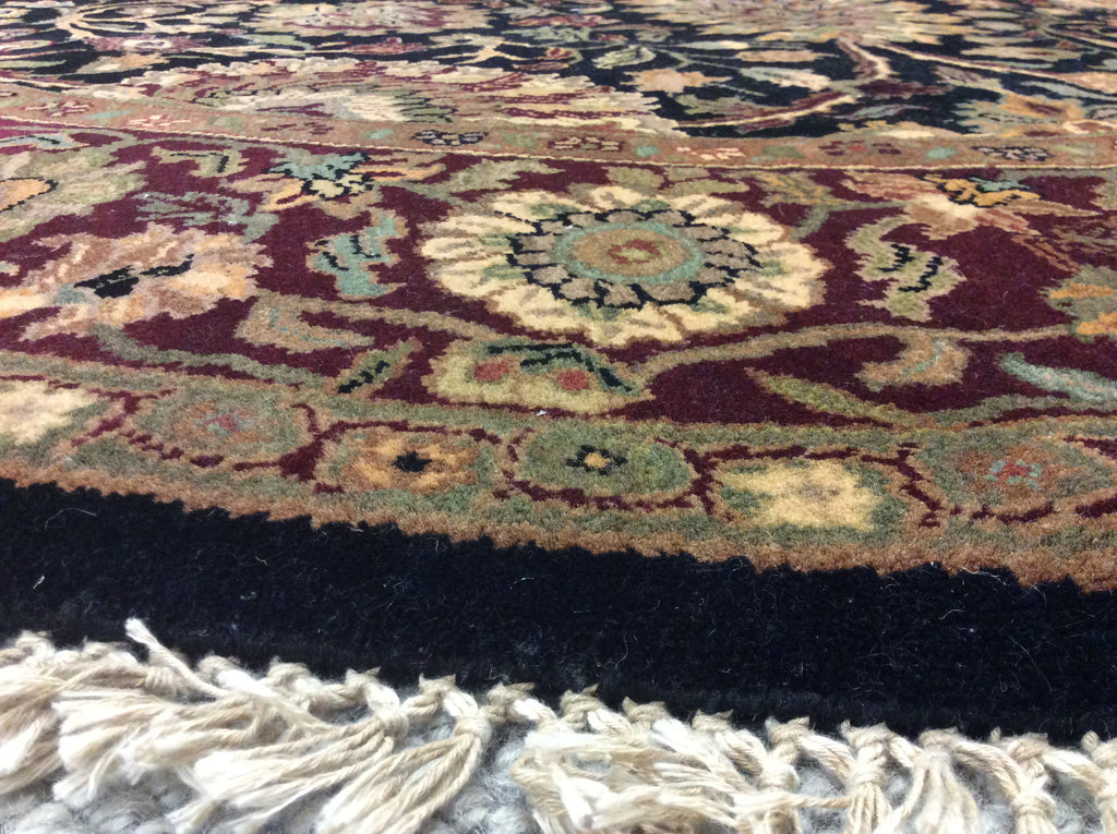 Hank-Knotted Wool Black/Red Heritage Kashan Round Rug (8'Rd)