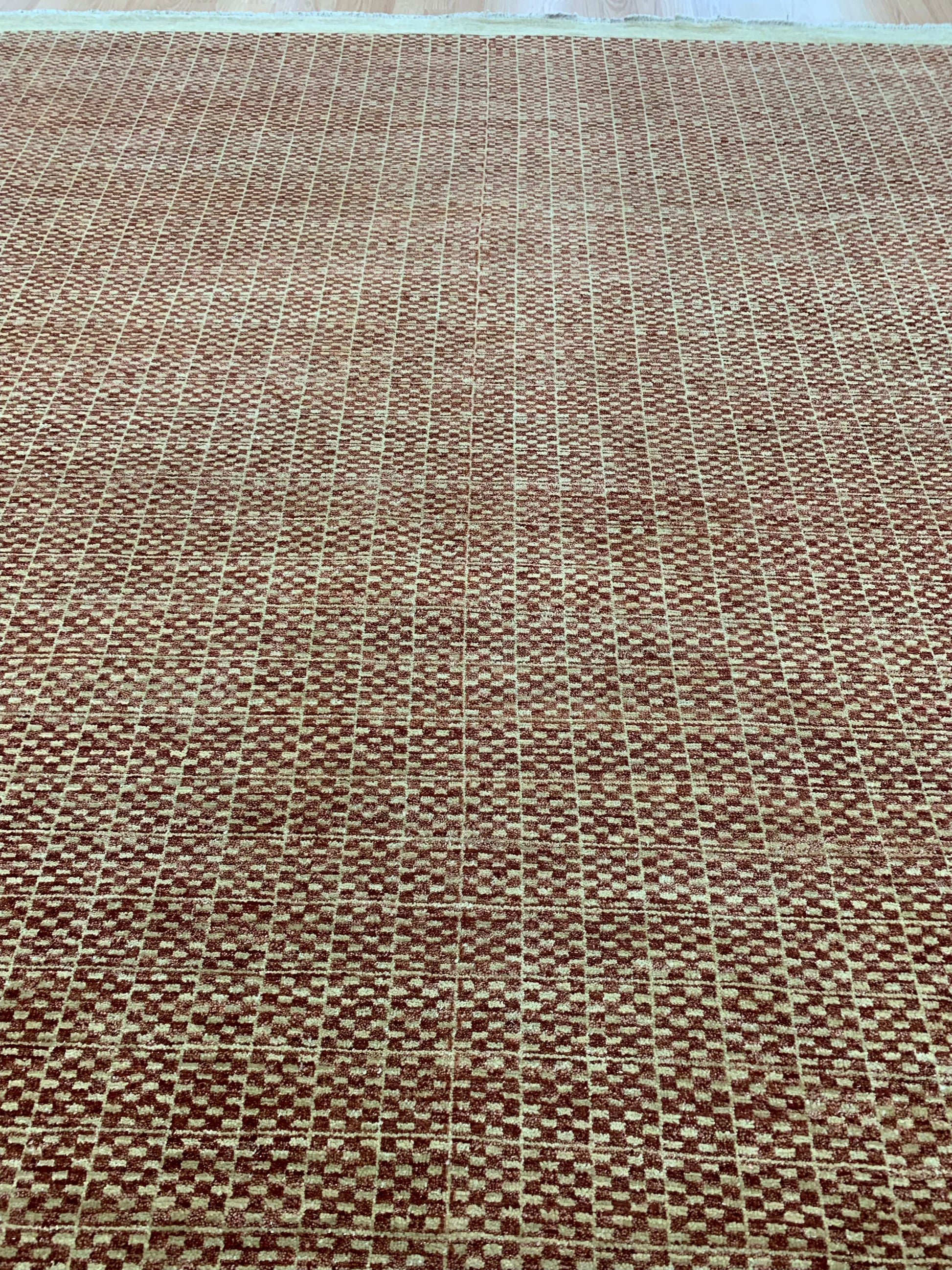 Hand-Knotted Wool Red Checker Chobi Rug (9'x12')
