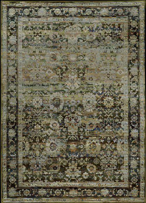 Patterned area rug with a mix of colors on a plain background