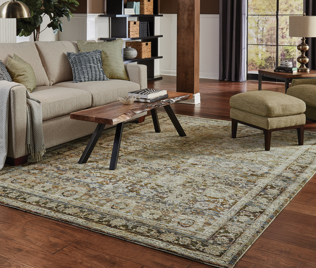 Living room with a beige sofa, coffee table, and ottoman on a patterned rug.