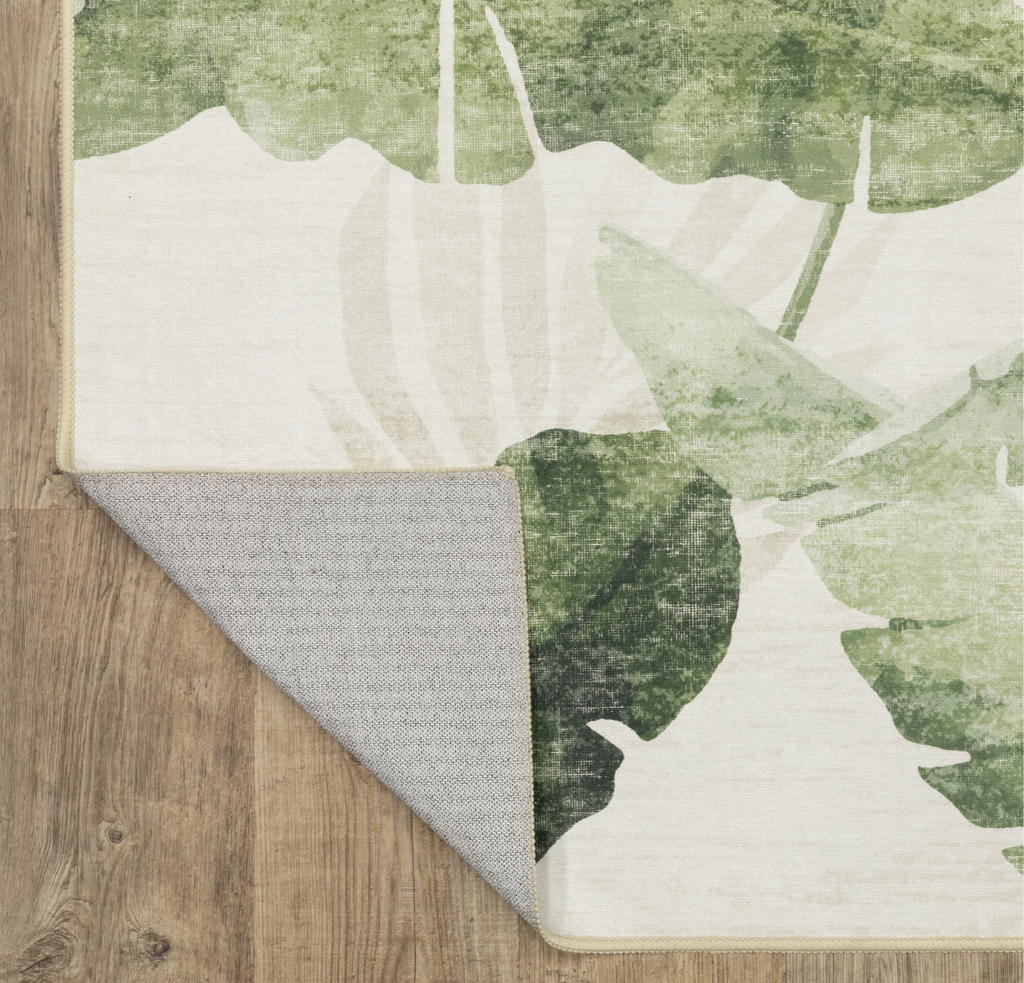 Rug with nature-themed design on a wooden floor