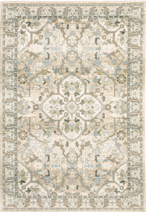 Decorative rug with intricate patterns in beige, brown, and blue on a light background