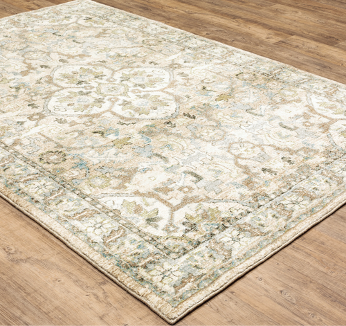 Decorative rug with intricate patterns on a wooden floor