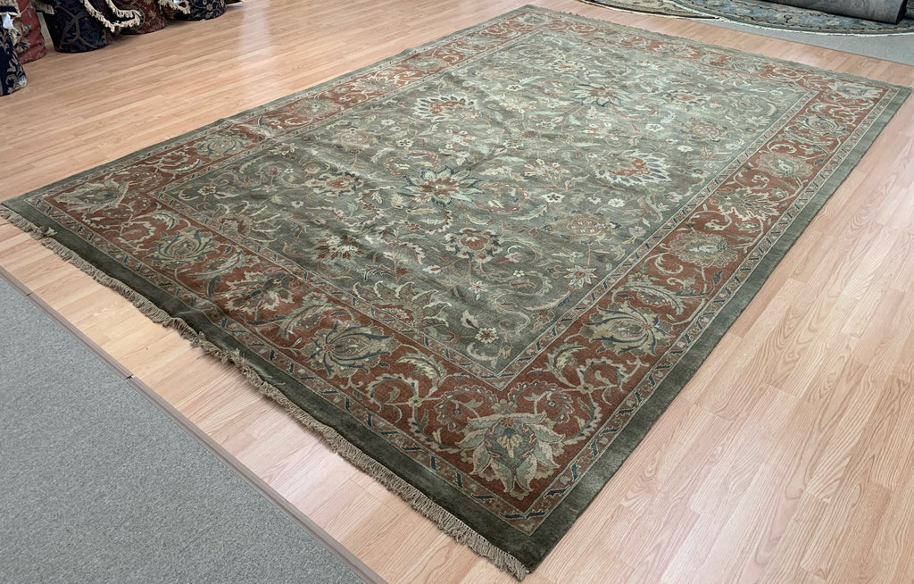Hand-Knotted Wool Green/Rust Kashan Rug (9'8"x13'6")