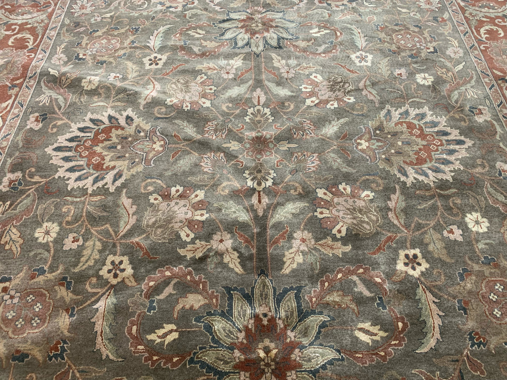 Hand-Knotted Wool Green/Rust Kashan Rug (9'8"x13'6")