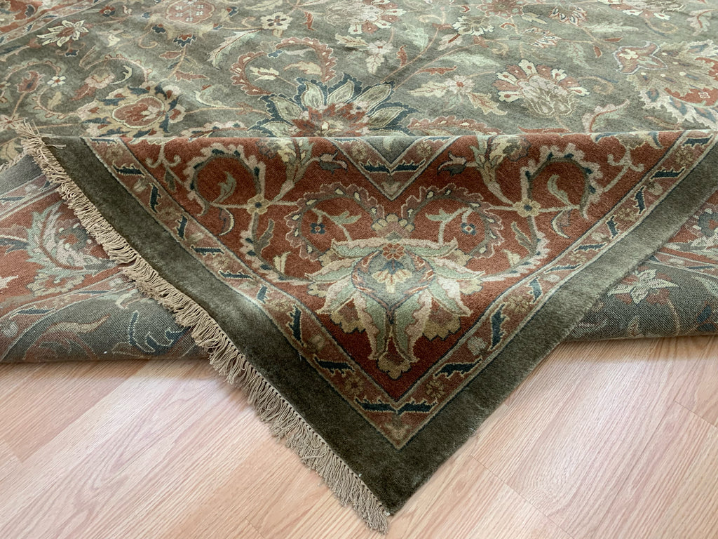 Hand-Knotted Wool Green/Rust Kashan Rug (9'8"x13'6")