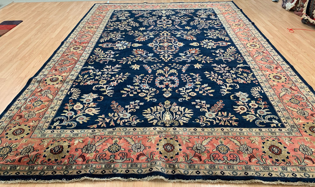 Vintage Hand-Knotted Wool Navy/Rose Sarouk Nawab Rug (9'10"x13'6")