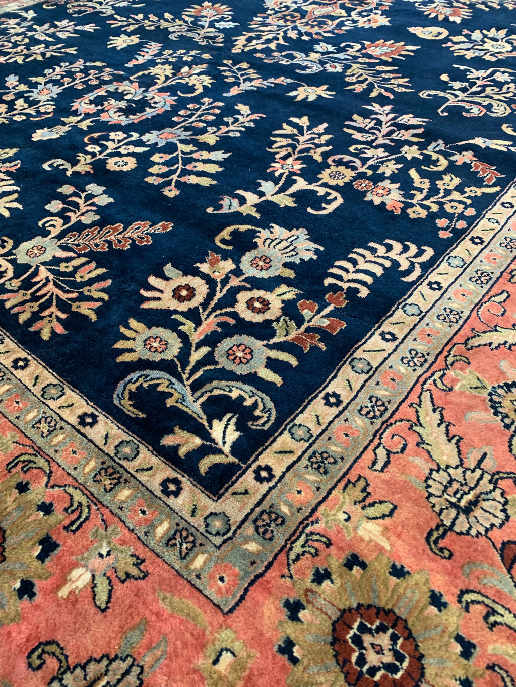 Vintage Hand-Knotted Wool Navy/Rose Sarouk Nawab Rug (9'10"x13'6")