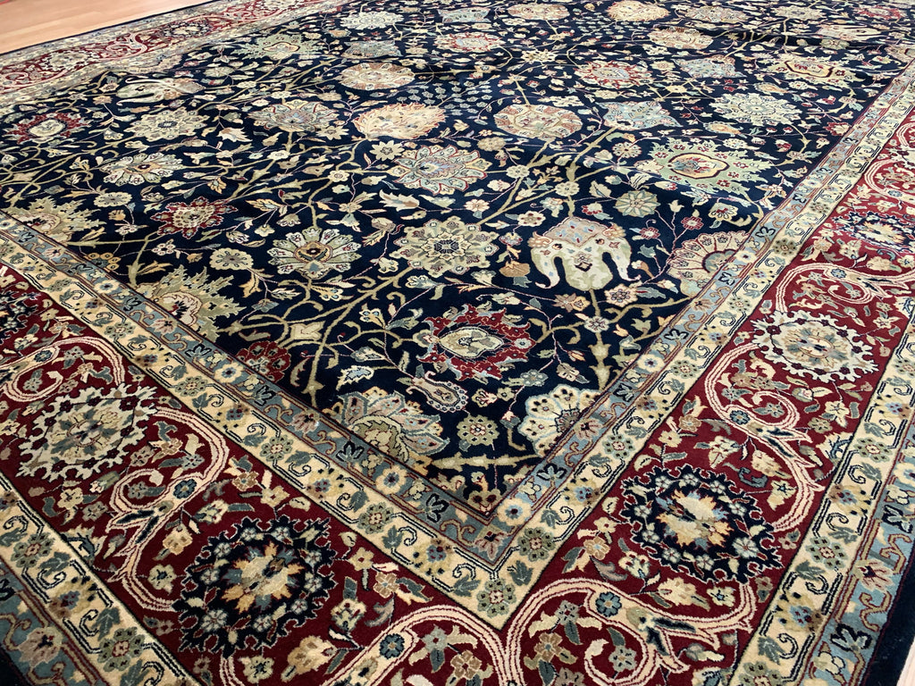 Hand-Knotted Wool Navy/Red Agra Rug (9'8"x13'9")