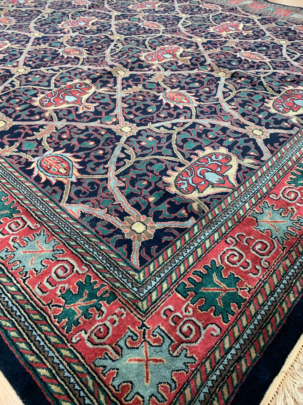 Vintage Hand-Knotted Wool Navy William Morris Rug (9'11"x13'11")