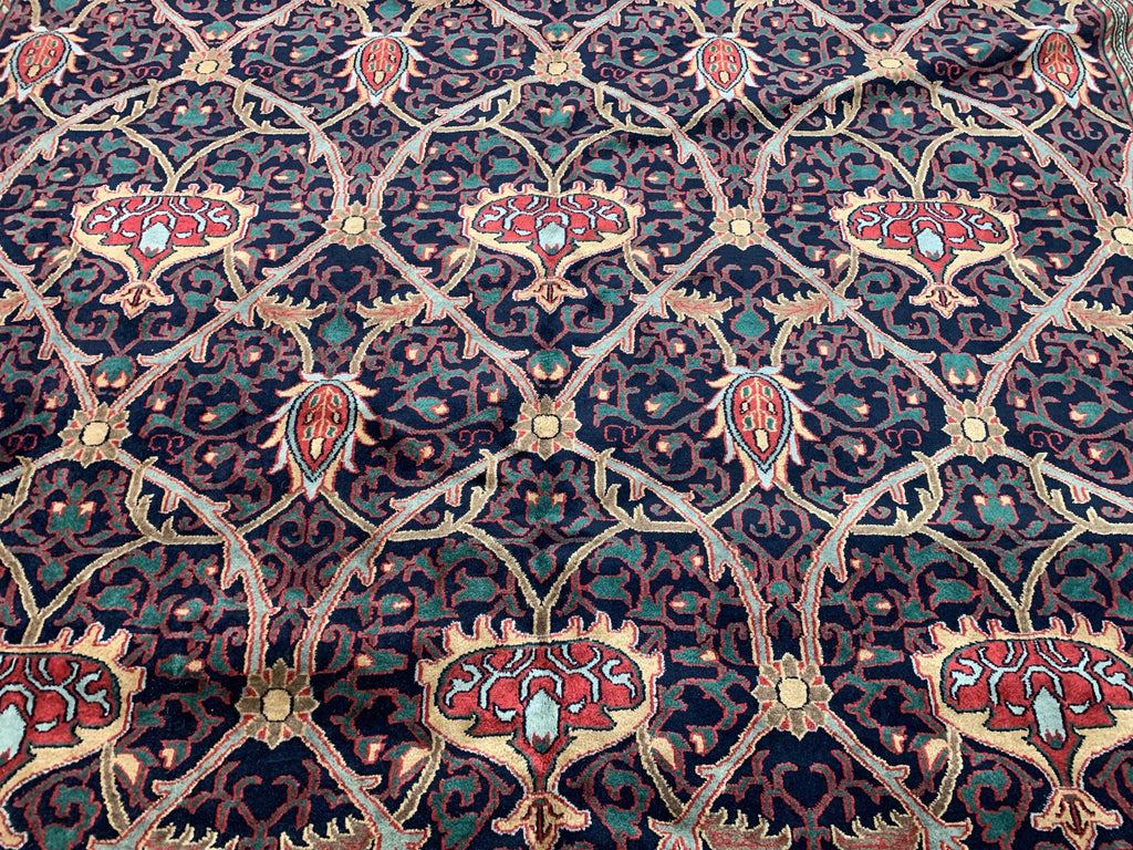 Vintage Hand-Knotted Wool Navy William Morris Rug (9'11"x13'11")