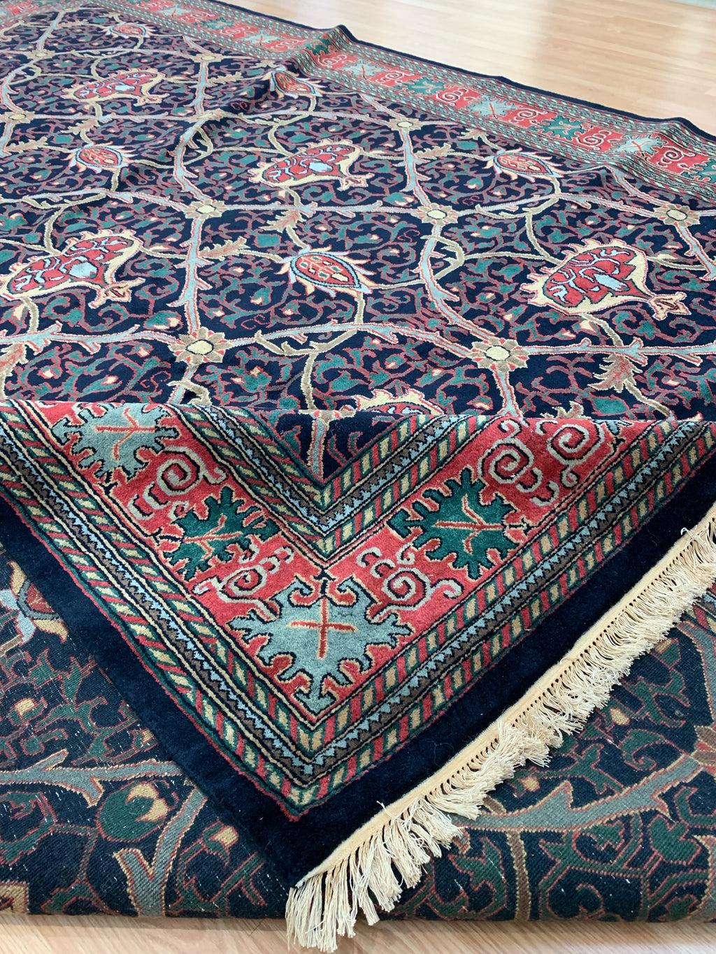 Vintage Hand-Knotted Wool Navy William Morris Rug (9'11"x13'11")
