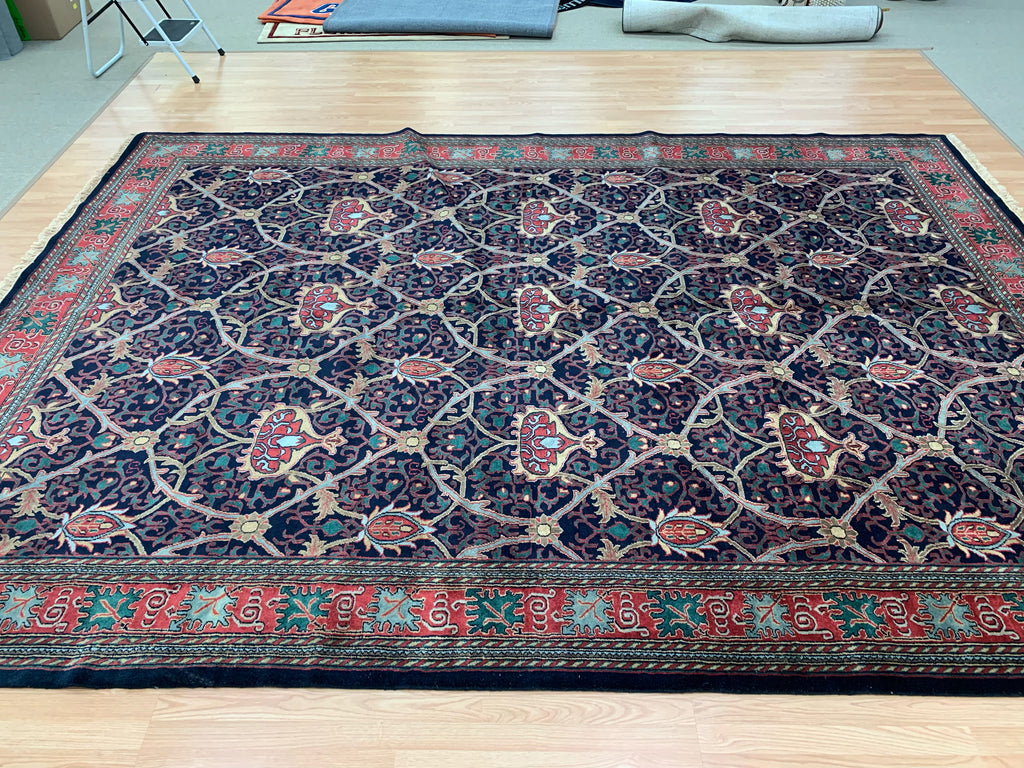 Vintage Hand-Knotted Wool Navy William Morris Rug (9'11"x13'11")