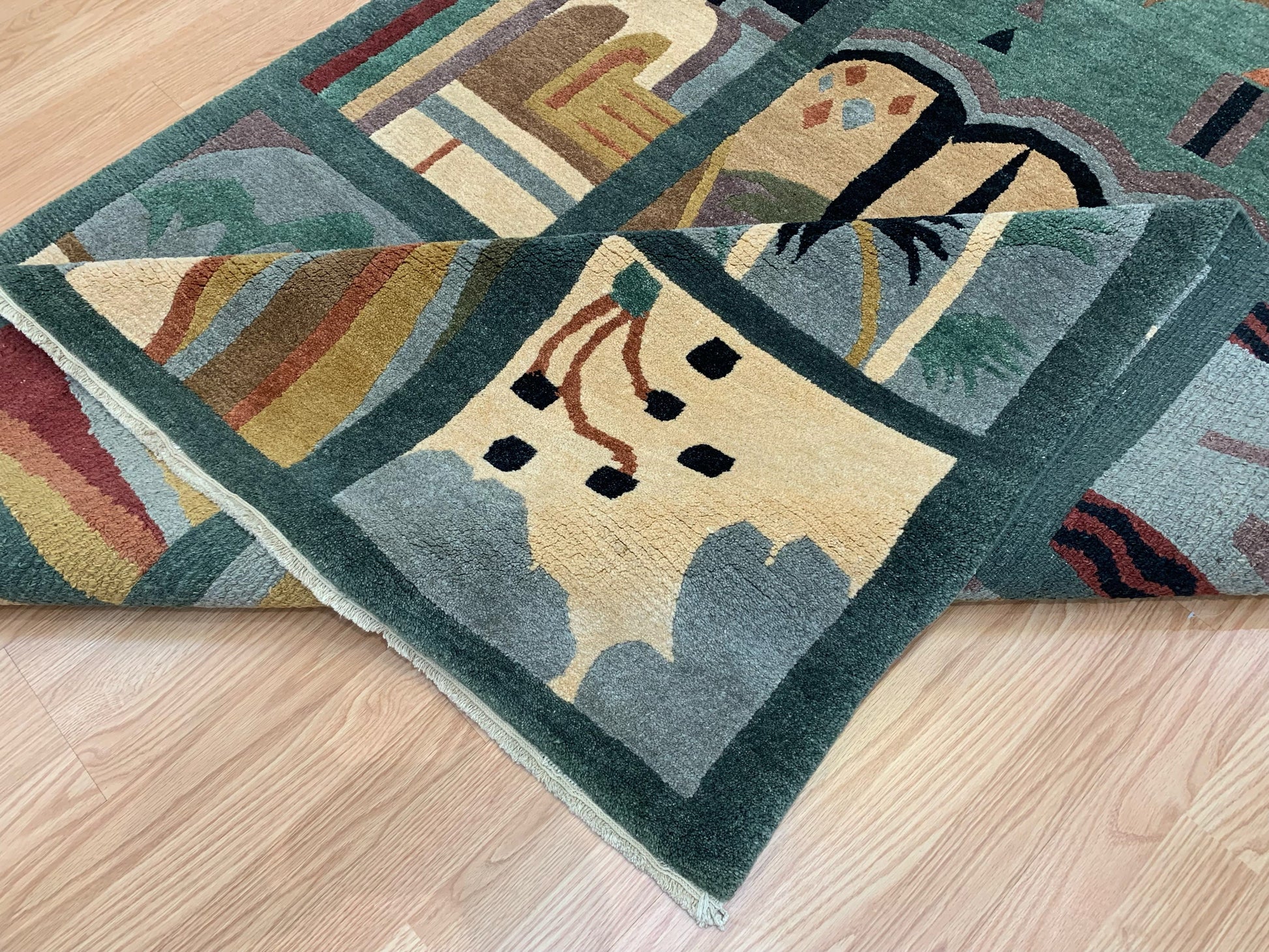 Vintage Hand-Knotted Wool Tufenkian Deco Panel Spruce Rug (5'5"x8'7")