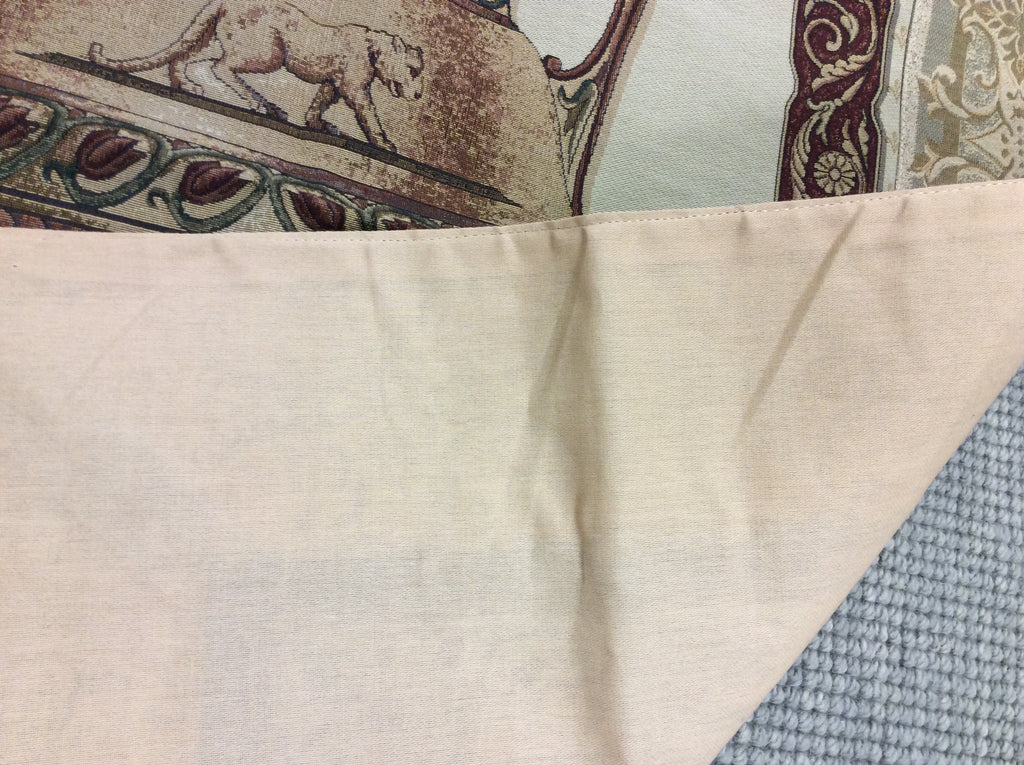 Back Cotton Backing Folded Over Front of Olde World Urn with Lioness Tapestry - Detailed view showcasing the craftmanship of the durable cotton backing for a finished look.