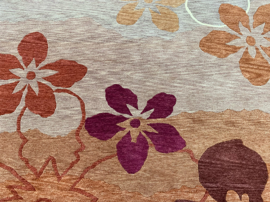 Hand-Knotted Wool Turbo Flowers Rug (6'2"x9)