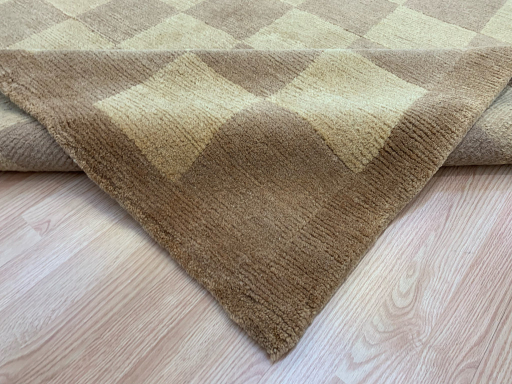 Vintage Hand-Knotted Wool Tibetan Tan Checkers Rug (6'x9')